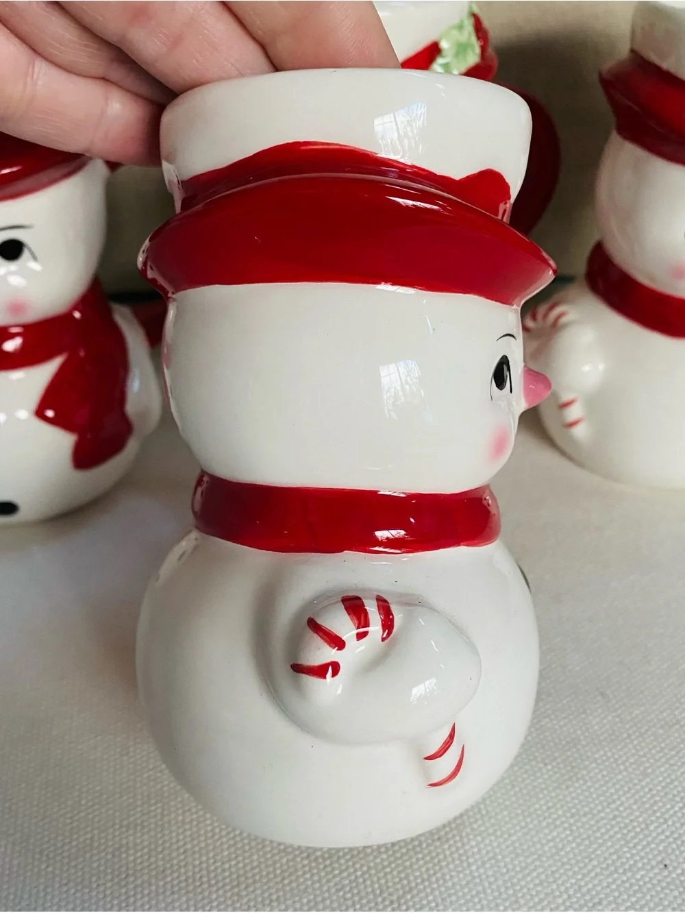 VTG Pottery Barn Snowman Figural Mugs Set of 4 Holiday Christmas Cups